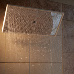 Mirrored Showerhead in Beige Bathroom Thumbnail